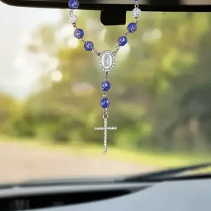 Elegant Car Rearview Mirror Rosary with Cross Charm - Stylish Beaded Decoration for Auto Interior, Durable Faux Pearl and Alloy Chain, Perfect Gift for Special Occasions, Car Ornament