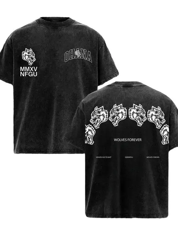 Men's Gothic Wolf Graphic Short-Sleeve T-Shirt - Vintage Washed Heavyweight Cotton, Oversized Loose-Fit 3XL, Double-Sided Bold Print, Retro Streetwear Pull-On Top, Outdoors Sweet Style, Cold Wash Compatible