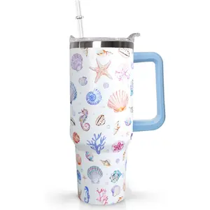 Ceovfoi 40 Oz Stainless Steel Reusable Insulated Skinny Printed Rainbow Seashells Tumbler - Vacuum Flask Water Bottle, Coffee Mug with Handle, Lid, Straw, Watercolor Ocean Drinkware for Gifting, Travel