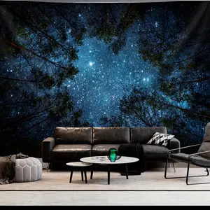 1pc Ultra Large Starry Sky Forest Tapestry - Peach Light Beige Fabric Wall Hanging with Free Hanging Clips, No Installation Needed, Indoor Nature Scenery Decor for Living Room, Bedroom, Office, Hostel, Photography Backdrop & Birthday Party Decoration, For