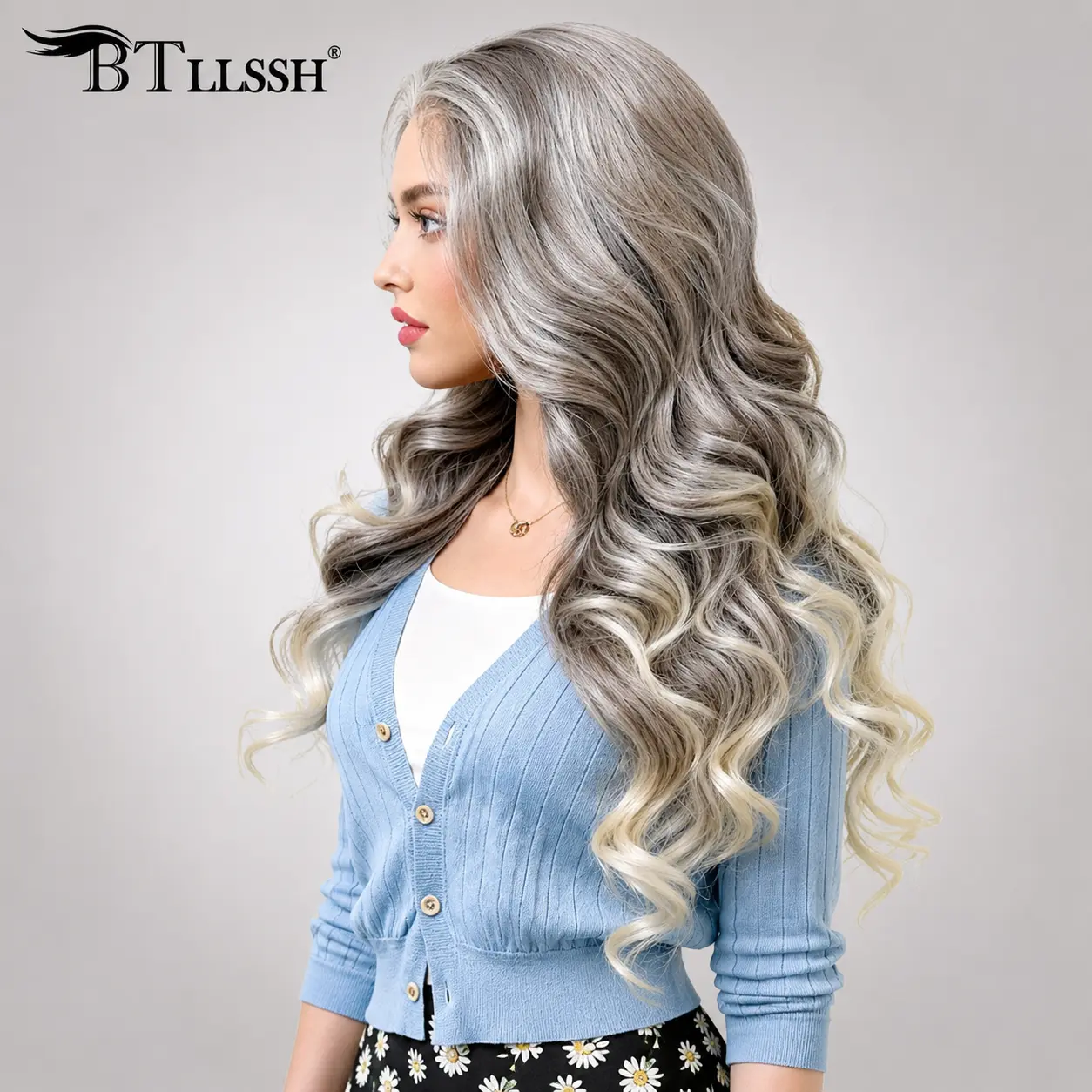 【Blend】24”Glueless Lace Front Wig Pre Plucked Hairline Highlight Blonde Color Long Wig Blend Human Hair Bouncy Wave Wig for Women Lace Frontal Wig