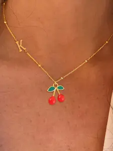 1pcs Initial Cherry Pendant Women Dainty Necklace, Fashion Simple Golden Stainless Steel Bead Chain Necklaces for Women
