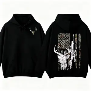 Deer Skull Hunting Hoodie for Outdoor Enthusiasts White Buck Silhouette Camo Flag Graphic Cozy Fall Camo Country Style Wear Made In The USA