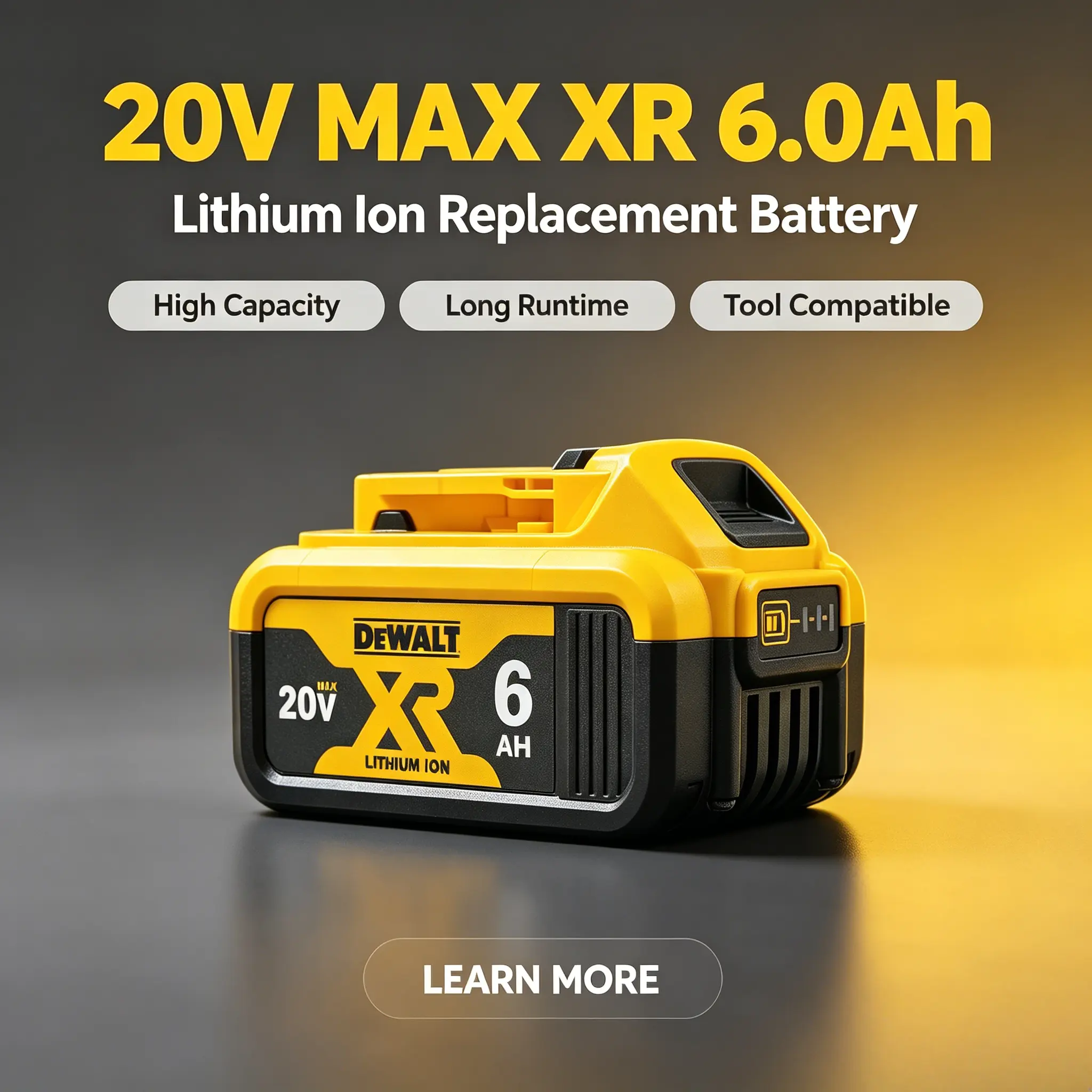 DEWALT 20V MAX Lithium-Ion 6.0Ah Cordless Drill Battery, Durable High-Capacity Lithium Replacement Battery for Power Tools, Lithium Replacement Batteries