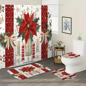 1/4 pc Christmas flower centerpiece with candle and checkered bow pattern, exquisite shower curtain set, non-slip mat, U-shaped rug, toilet seat cover, perfect for bathroom décor, includes 12 shower curtain hooks.