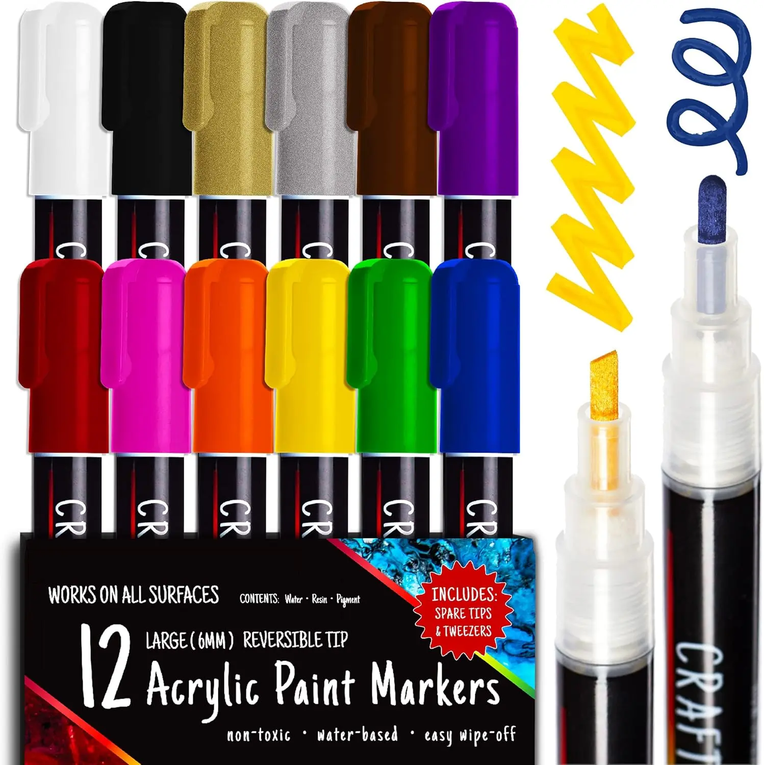 12-Piece Permanent Broad Tip Markers Set - Office Stationery Writing Tool with Color Clarity, Long-Lasting Vibrant Colors for Creative Adults, Rock Painting, Canvas