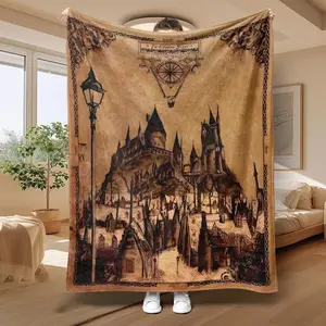 Vintage Hogwarts Castle Pattern Blanket, 1 Count Soft Comfortable Warm Throw, Cool Bedroom Bedding Blankets For Home Office Travel Dormitory Camping