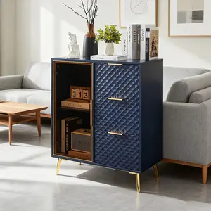 Deluxe Carved Modern Fashion Style Chest of Drawers with Aluminum Alloy Frame Tempered Glass Doors Three Drawer Chest with Metal Legs Adjustable Feet, Dark Blue,31.5"L x 15.7"W x 37.6"H