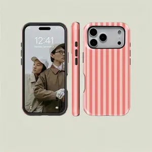 1PC Coral Pink Striped Print Phone Case, Rugged Shockproof 2in1 Protective Shell for iPhone 17 16 15 14 13 12 Pro Max, Samsung Galaxy S26 S25 S24 S23 Plus S22 Ultra S21 FE Series Holiday Gift Minimalist Fashion Case Cover.MFL2623