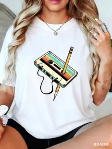 Retro 80s 90s Tape Print T-Shirt |   Casual Crew Neck, Geometric Pattern, Regular Fit, Suitable for All Seasons
