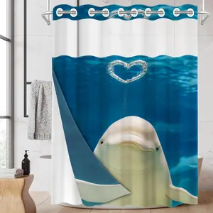 1PC 2D Flat No Hooks Double Layer Shower Curtain, Beluga Whale Heart Bubble Print Waterproof Fabric, Healing Ocean Style Home Decor, Accessories for Hotel, Dormitory & Home Bathroom, Clear Top Window & Detachable Snap-In Liner, Room Divider, 71×74 Inch