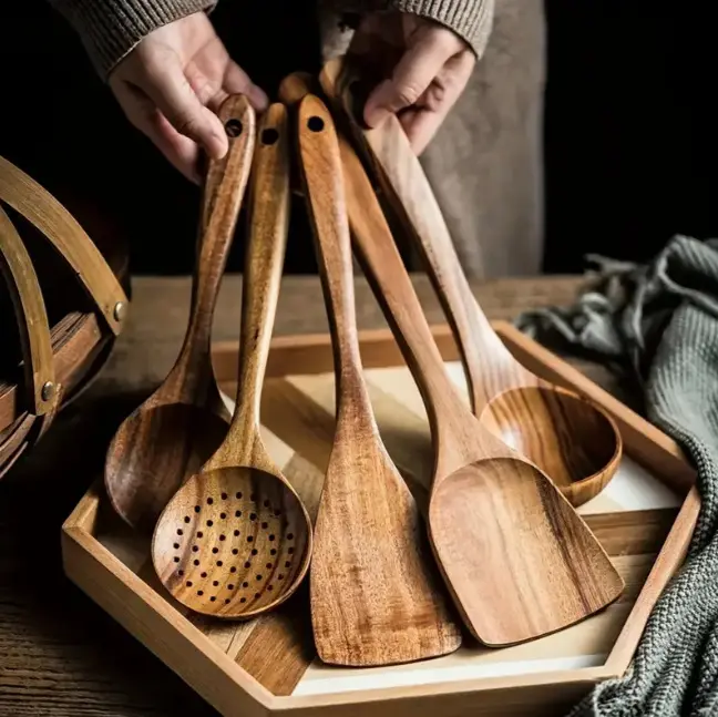 5 Piece Teak Wood Cooking Utensils Set - Natural Finish Wooden Spoons for Cooking, Non-Stick, Sturdy, Lightweight, Heat Resistant, Easy Clean, gift