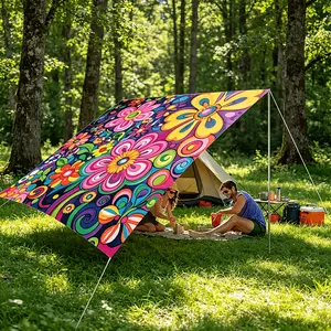 Premium Boho Floral Outdoor Awning UV Protection Sun Shade Lightweight Polyester Portable Awning for Balcony Terrace Beach Camping Garden Picnic Summer Outdoor Decor