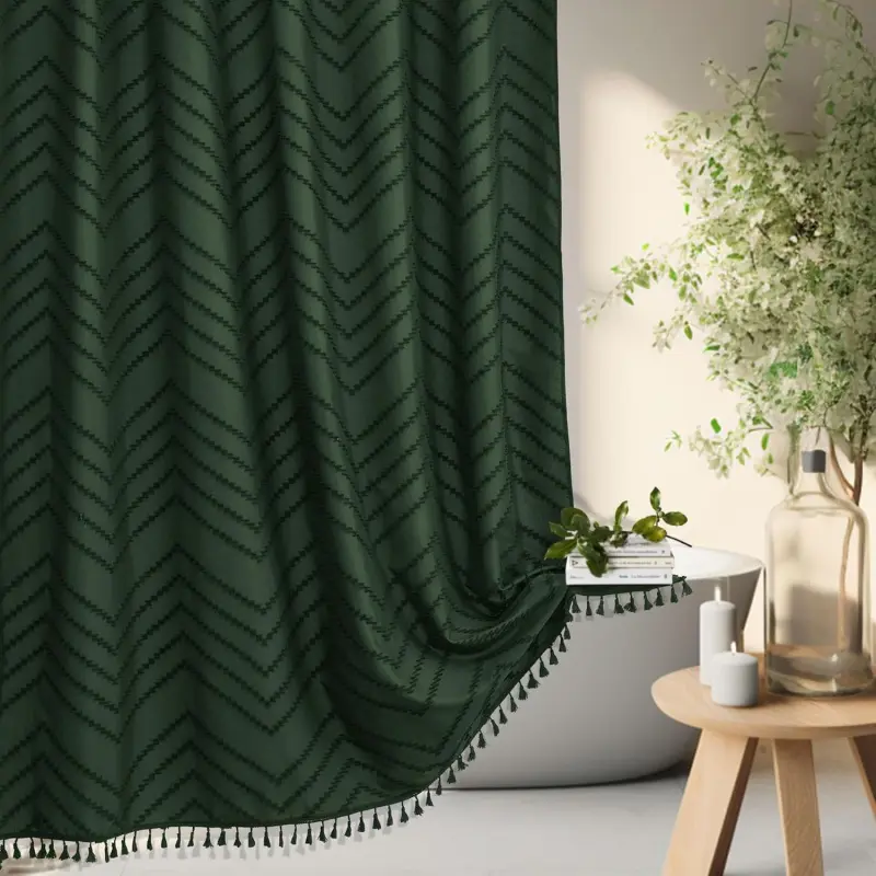 Dark Green Boho Polyester Shower Curtain Set - Tassel Woven, Textured Tufted Chevron Striped, 72x72in, Waterproof, Modern Farmhouse Minimalist for Bathroom Windows & Doors