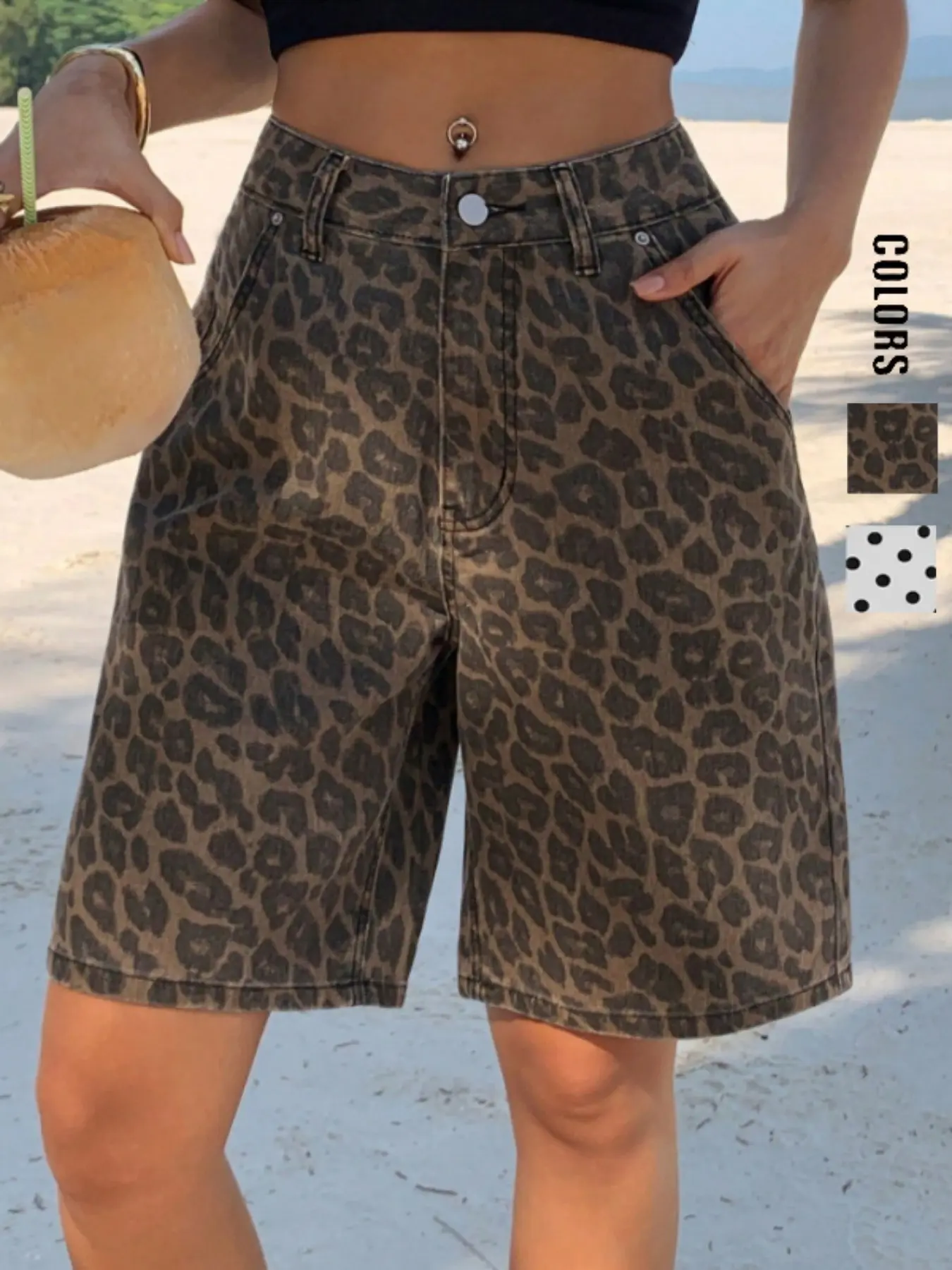 Women's Leopard Print Denim Mid-Thigh Shorts, Casual Summer Shorts, Fit, Casual Daily Wear, Comfortable and Stylish, Perfect for Everyday Use，T-Chic, Viral Denim, Casual Jean Shorts, Comfy Summer Shorts