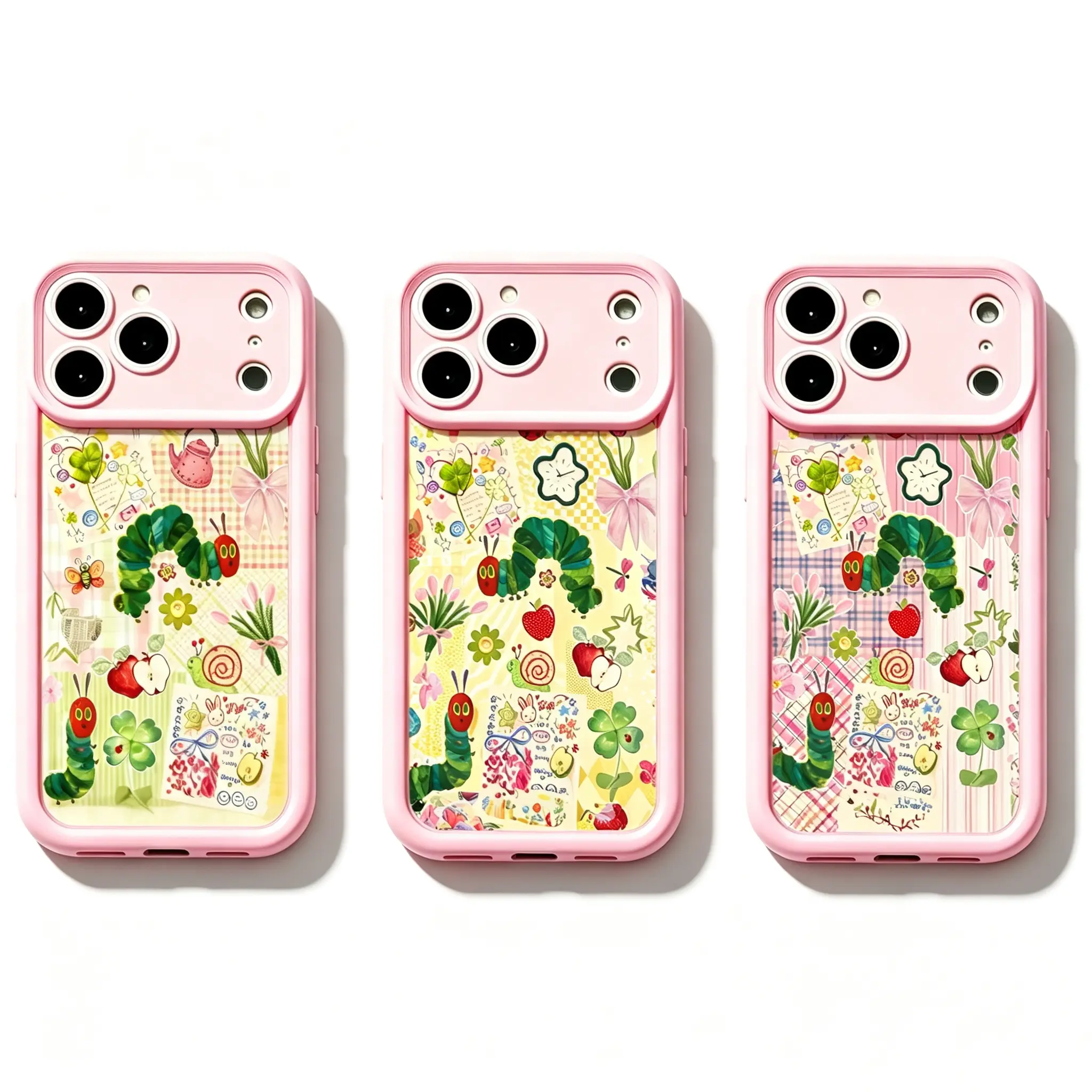 3 Styles Whimsical Caterpillar Phone Case Cute Storybook Floral Gingham Collage Pink Frame Shockproof Protective Cover for iPhone 17 16 15 14 13 12 11 Air Pro Max Mini Samsung S26 S25 S24 S23 S22 S21 Gift for Her