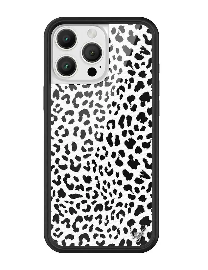 Snow Meow | Limited Edition Trendy Collab iPhone Case | Raised Protective Black Bumper | Women Owned Small Business | Black and White Leopard Print Cute Aesthetic Design | Safety Casing Protective | Gift for Her