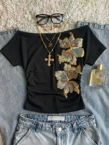Summer New American Style One-Shoulder Floral Embroidery Sequin Short T-Shirt, Side Ruched Slim Fit, Vacation Dating Daily Wear, Plus Size Fashion