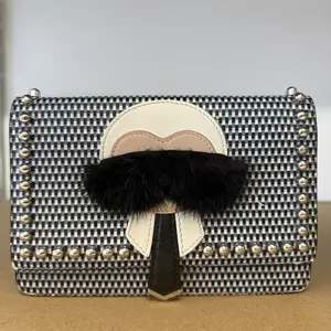 Pre-owned FENDI Leather Crossbody Bags Vitello Elite Mink Fur Studded Karlito Tube Wallet On Chain Black White