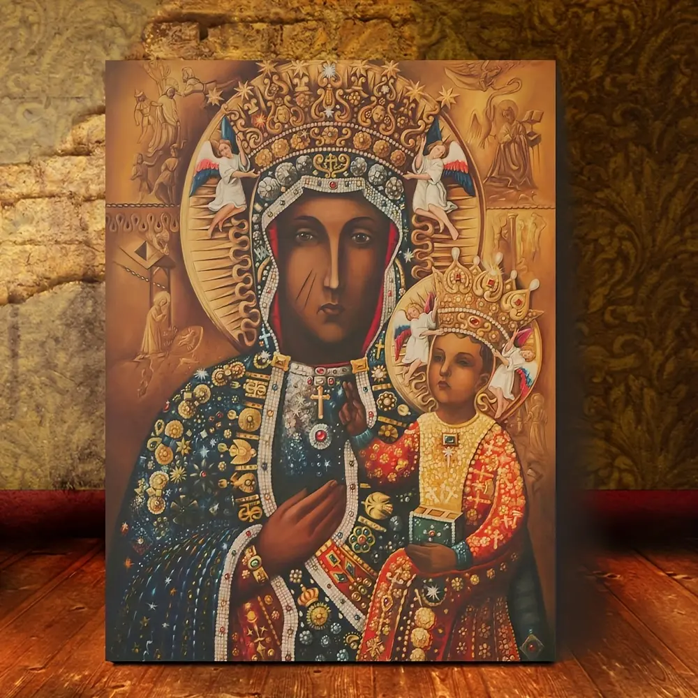1-Piece Unframed Virgin Chenille Vintage Black Madonna and Youth Canvas Wall Art Print, 11.8x15.7" (30cmx40cm) Colorful Religious Wall Decor, Hangable Indoor Home Supplies