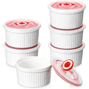 8oz White Porcelain Ramekins with Seal Lids - Set of 6, Reusable Lead-Free Bakeware, Ceramic Custard Cups for Baking, Dishwasher Safe, RAMEKIN-DISH Series, Seal Lid