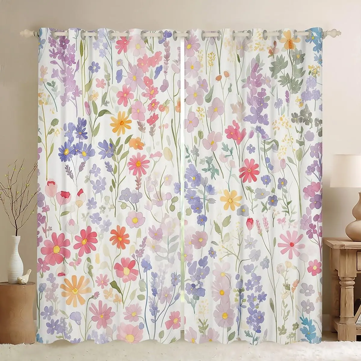 Colorful Floral Curtains,Pink Purple Cute Flower Curtains Blackout Boho Bedroom Decor,Watercolor Wildflower Curtains Rustic Flowers Window Curtains 2 Panels