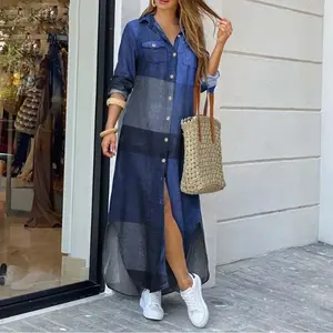 Long Sleeve Dress Plaid Robe Maxi Beach Dress