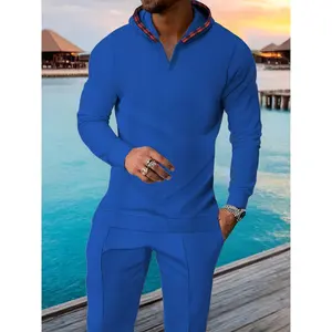 Men's 2pcs Athletic Set: Beige Textured Hoodie with Red Plaid Detail & Comfortable Solid Sports Pants - Polyester Blend, Machine Washable for Casual & Outdoor Activities in Spring/Fall