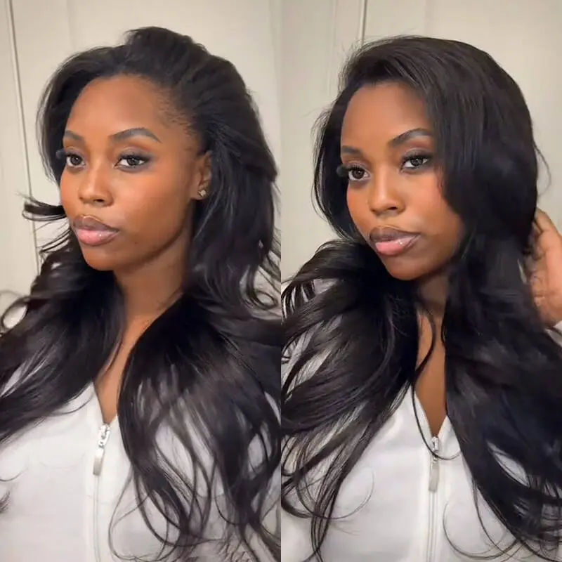 ISEE HAIR Glueless Wear Go Pre-Styled Layered Haircut Yaki Straight Half Wig with InvisiFit Strap, Flip Over Vacation Hair for Summer Deals, Glueless Hair Wig