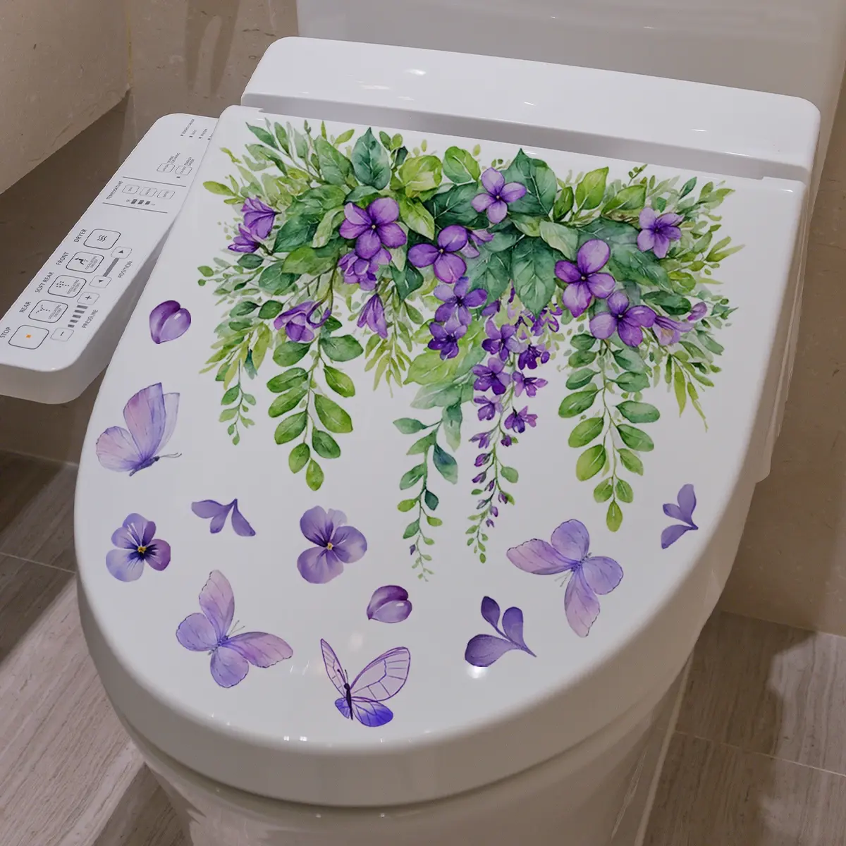 A creative purple flower, vine, leaf and butterfly spring toilet sticker, bathroom and restroom decorative background wall sticker, Bathroom Decoration Supplies (30*30cm) (M15509-ZJ)