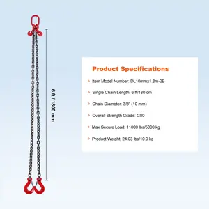 VEVOR Chain Sling, 3/8 inchx 6 ft Lifting Chains with Hooks, G80 Engine Chain Hoist Lifts, 11000 lbs/5 Ton Lifting Sling Chains for Engine Hoist, Engine Lift Chain with 2 Leg Grab Hooks and Adjusters