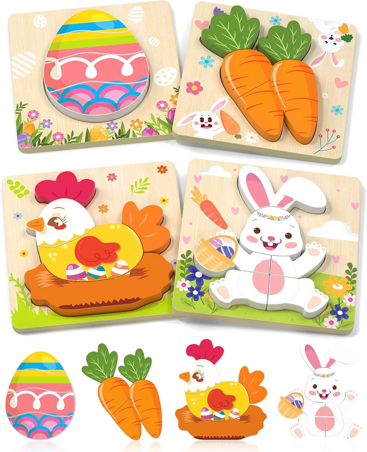 Easter Wooden Puzzles Toys for Toddler, 4 Pack Easter Basket Stuffers Party Favors Birthday Gifts Essentials Montessori Toys Puzzles for Kids Girls Boys