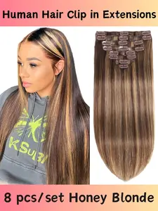 Clip in Hair Extensions Real Human Hair 8pcs Honey Blonde Human Hair Extensions Straight Double Weft Remy Human Hair for Women Natural Human Hair #P427