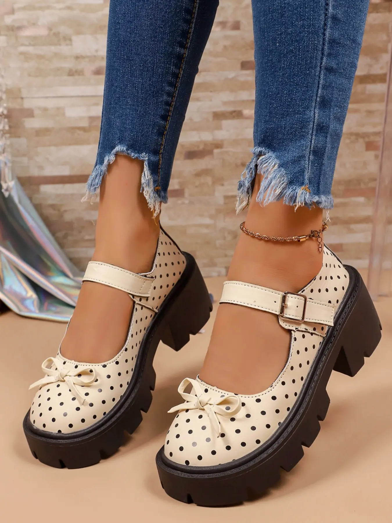 Women's College Style Polka Dot Mary Jane Shoes, Commuter Versatile Butterfly Knot Thick Sole Gear Bottom Single Shoe