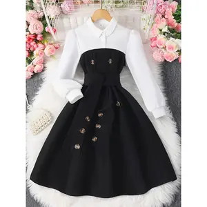 Stylish Girls' Color Block Dress with Belt & Button Details - Black & White Preppy A-Line Dress for School or Casual Wear, Machine Washable, Polyester Blend, Spring/Summer/Fall, Seasonal Fashion | Belted Waist Dress | Glossy Texture Fabric, Cute Dress