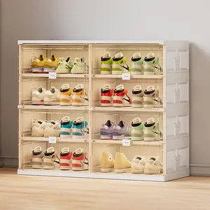 JEKO&JEKO 4 Tiers Foldable Shoe Rack Organizer Cabinet for Closet Entryway, Large Collapsible Shoe Storage Box with Magnetic Doors Fits Up to 16 Pairs (White)
