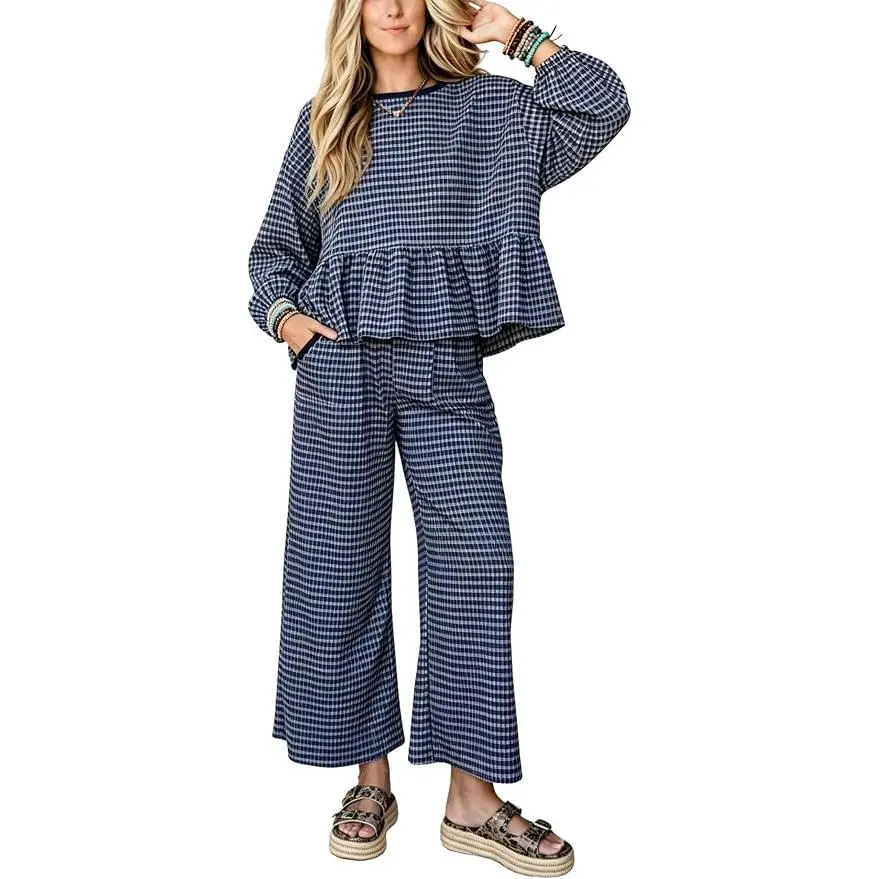 Bienmorn Women's 2-Piece Gingham Set - Long Sleeve Balloon Cuff Peplum Top, Drawstring Waist Wide Leg Pants with Ruffle Hem & Pockets, Boho Cottagecore Aesthetic Comfy Soft Woven Check Casual Fall Outfit, Women's 2 Piece Sets