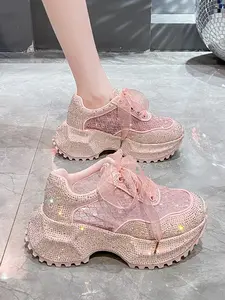 Women's Thick Sole Heeled Rhinestone Sports Casual Sneaker Shoes, Sparkly Rhinestone Lace Breathable Mesh, Daily Versatile, All Seasons