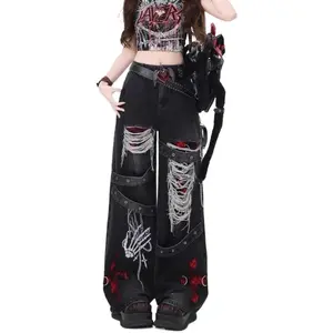 Xojbzoo Women's High-Waisted Casual Ripped Denim Jeans - Y2000 Black Cold Wash Wide-Leg Pants, Retro Grunge Streetwear All-Seasons Bottoms