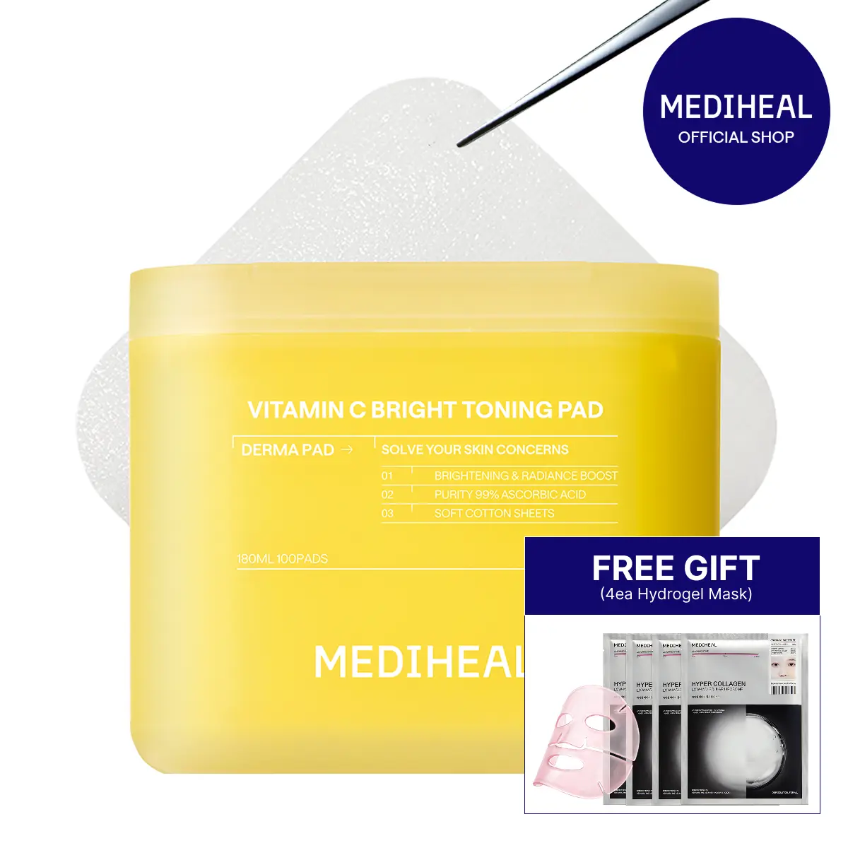 [MEDIHEAL] Vitamin C Bright Toning Pad (100 pc) | 7 Vitamin Complex + Glutathione & Niacinamide | Up to 30.57% Greater Tone Improvement with Vitamin Serum | Brightening, Glow & Dark Spot Care | Large Stretchable Square Pads | Korean Skincare