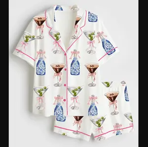 Women’s Espresso Martini Cocktail Blue Wine Alcohol Short Sleeve Satin Pajama Set for Adult & Youth Short-Sleeve Top, Colorful Martini Cocktail Short-Sleeve Pajamas (no pocket)