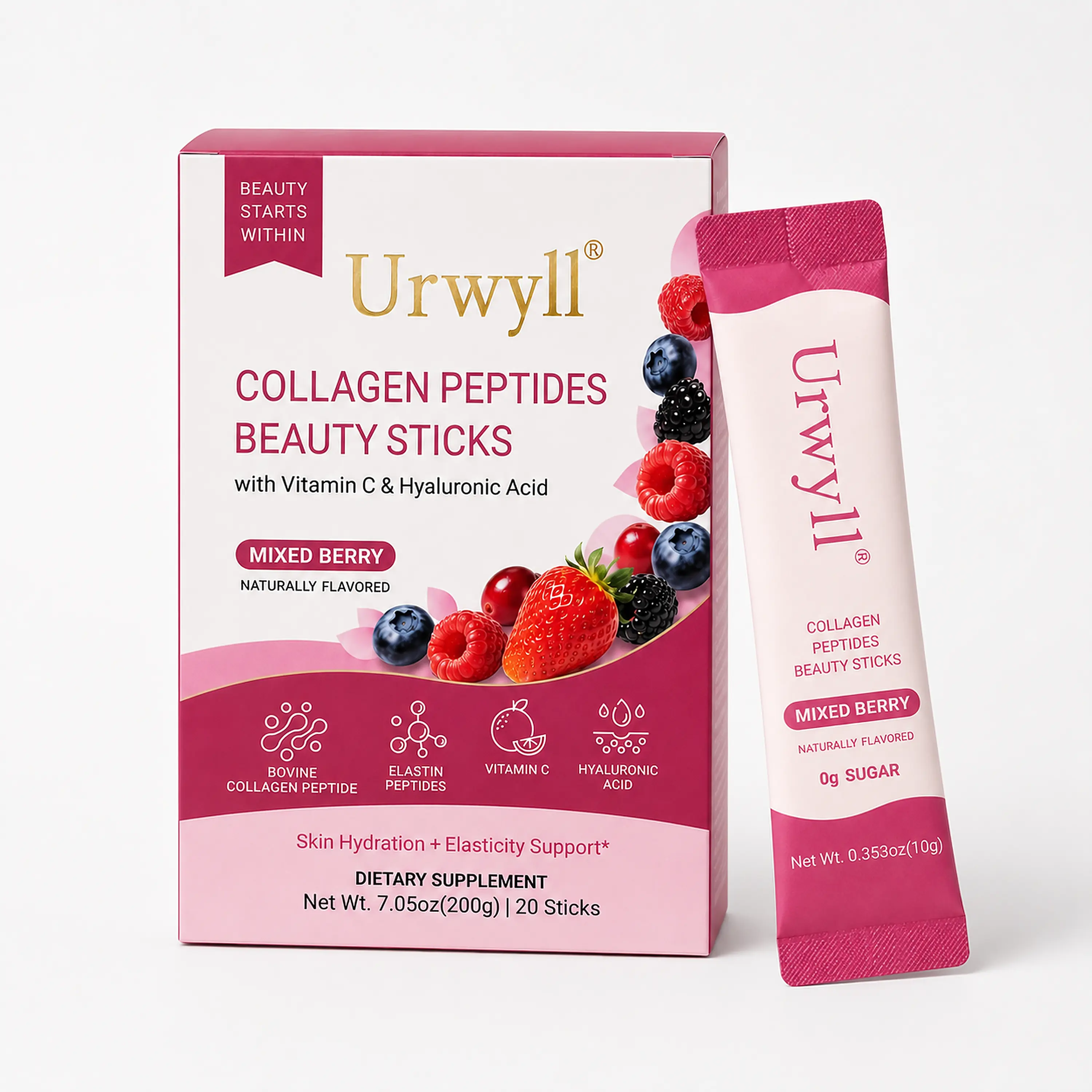 Urwyll Collagen Peptides Beauty Sticks, 7g Hydrolyzed Bovine Collagen Peptides with Vitamin C, Hyaluronic Acid & GABA, Low Sugar Drink Mix Packets for Hydration Skin & Hair Support, Elasticity & Glow, Mixed Berry, Dietary Supplement Healthcare, 20 Sticks