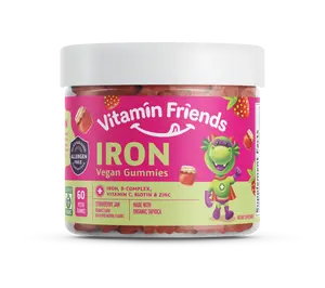 Vitamin Friends - Vegan Multivitamin & Iron for Kids - Daily Nutritional Support Gummies  - Body Function & Anemia - Strawberry Jam.  Kosher.