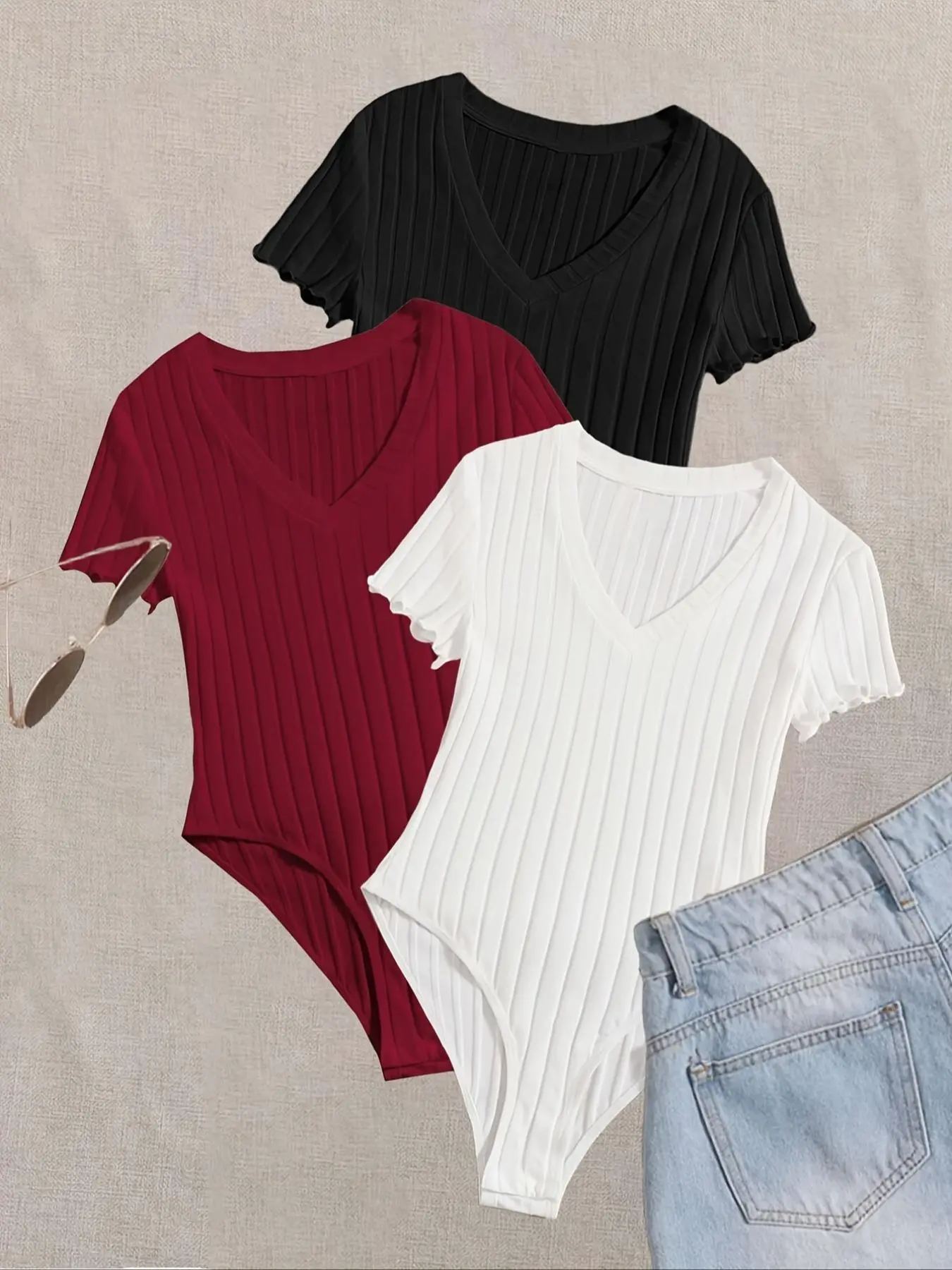 Women's Solid Color Short Sleeve Bodysuit, Casual Bodysuit for Summer, Ladies Clothes for Daily Wear, Womenswear, Solid Ribbed Bodysuit, Basic, Bodycon Bodysuit, Knitted Bodysuits