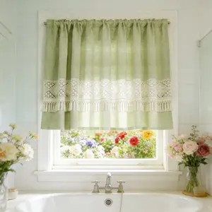 Boho Crochet Lace Sheer Valances for Window Kitchen Vintage Macrame Valances with Tassels for Dining Room Living Room Farmhouse Rustic Crochet Curtain Valance Rod Pocket 1 Panel (W59 x L35 inch,Green)