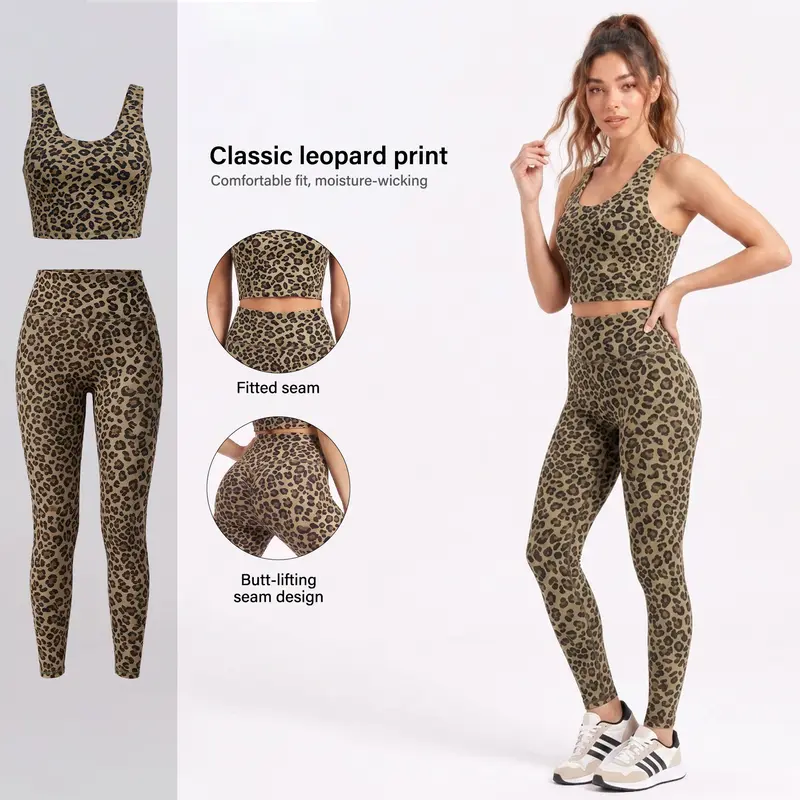 Women's Matching Sets Style Leopard Print Long Jacket OR Cropped Jacket OR Racerback Tank OR Cropped Trousers Each Sold Separately Not a Set Full Zip Slim Fit Athletic Yoga Gym Workout Activewear