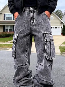 Men's Trendy American Casual Loose Fit Multi-Pocket Big Pocket Side Patched Straight Leg Workwear Jeans Pants Jeans With Pockets