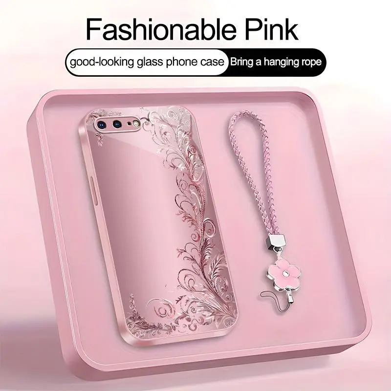 Suitable for [iPhone 8 Plus] high-end women's phone case🥰，a beautiful four-leaf clover lanyard is included🍀，minimalist, sophisticated floral pattern YM99