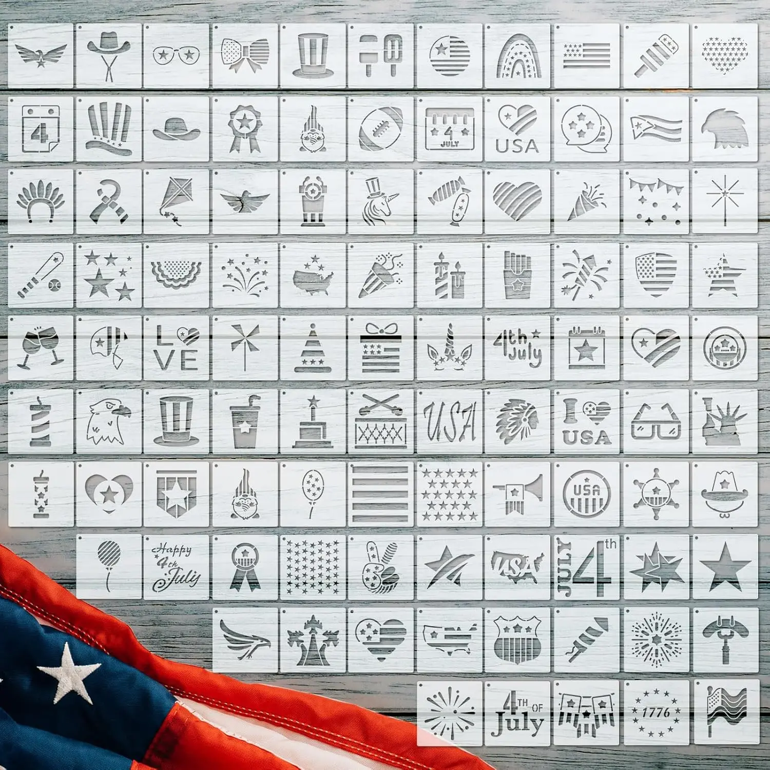 100 count Stencils for Painting on   Stencil Crafts Drawing Templates Holiday Stencils Wall Paper Stencil Set for DIY Art Scrapbook  Decor 2 x 2 Inch (Patriotic Style)