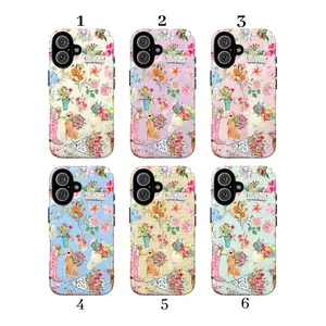 Floral Aesthetic Phone Case, Pastel Cute Vintage Flower Pattern Tough Phone Case, Dog, Cowgirl, Collage Phonecover, Gift